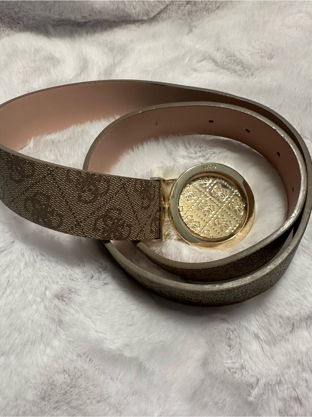 Guess Brown Monogram Belt with Gold Medallion Buckle